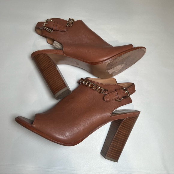 Coach Leanna Sandals Heel Size 9 Camel Brown Open Toe Sling Back Gold Chain - Picture 8 of 15